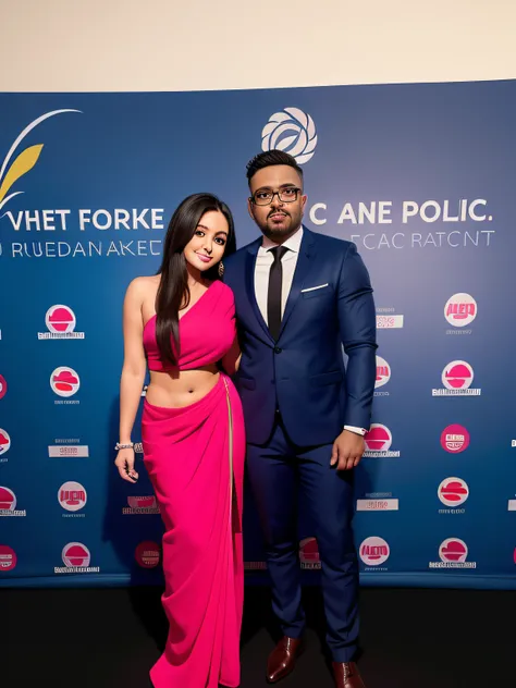 they are posing for a picture in front of a blue wall, wpol and sarasti, reddit post, in front of white back drop, stands in a pool of water, facebook post, 🤬 🤮 💕 🎀, wearing a pink tux, lovely couple, red carpet, red carpet photo, intertwined full body vie...