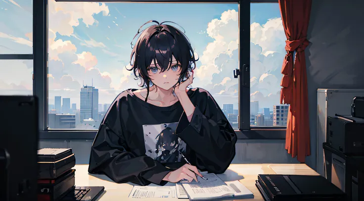 boy messy hair, wearing oversized black t-shirt ,working on,desk ,looking outside the big window ,clouds, high res, ultrasharp, 8K, sad , headphones