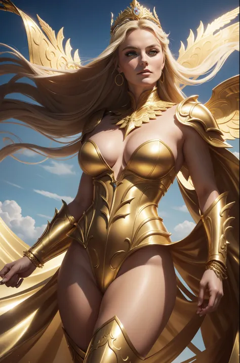 ( nuvens ) Lindsey Vonn as a MYTHOLOGICAL DIVA in a golden armor, floating into the sky, gold bracelets on the arms, coxas expostas, Face looking at the camera, athletic curvy body, Musculatura suavemente definida, perspectiva de corpo inteiro, Realismo 32...