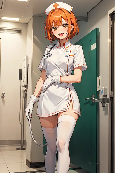 1girl, solo, nurse, nurse cap, white wear, ((white legwear, zettai ryouiki)), white gloves, very short hair, orange hair, smile, open mouth, standing, ((hospital room)), sharp outline, short sleeves, tomboy, boyish, best quality, masterpiece