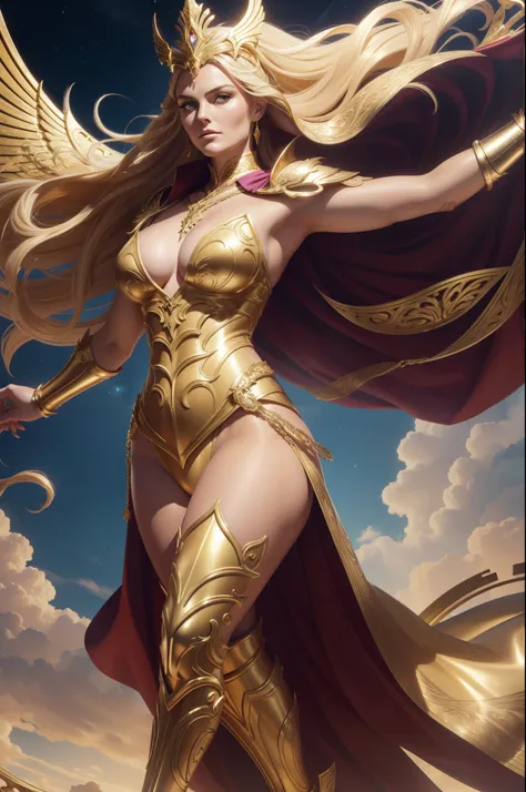 ( nuvens ) Lindsey Vonn as a MYTHOLOGICAL DIVA in a golden armor, floating into the sky, gold bracelets on the arms, coxas expostas, Face looking at the camera, athletic curvy body, Musculatura suavemente definida, perspectiva de corpo inteiro, Realismo 32...