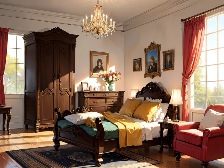 Italianate style, a soft bed, a coffee table, bedside tables, vases, hanging paintings, dressers, square glass windows, wooden furniture, wardrobes, intricate carvings, and oil paintings. Warm colors, award-winning masterpieces with incredible detail, larg...