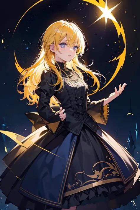 Yellow haired girl wearing gothic clothing，Blue pupil，Standing in the night，Holding glowing stars in hands。 pixiv， Digital art on Pixiv， Pixiv style， Zero art， Great light and shadow， Pixiv Contest Winner， In Pixiv， Guviz， Anime cute art style