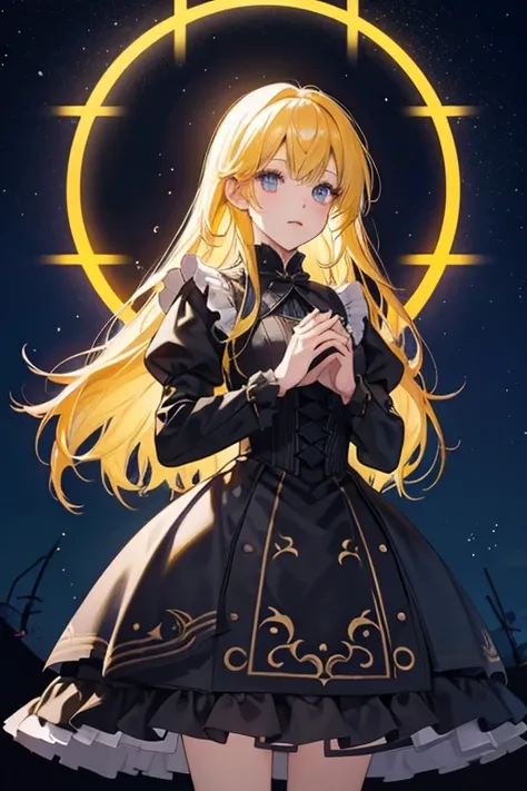 Yellow haired girl wearing gothic clothing，Blue pupil，Standing in the night，Holding glowing stars in hands。 pixiv， Digital art on Pixiv， Pixiv style， Zero art， Great light and shadow， Pixiv Contest Winner， In Pixiv， Guviz， Anime cute art style