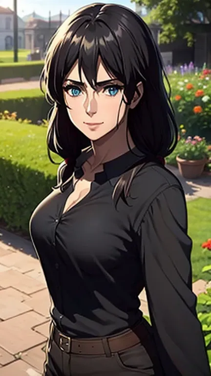 long black hair,black colour suit and black shirt, perfect sized boobs, standing,blue colour eyes,ultra realistic detailed blue ...