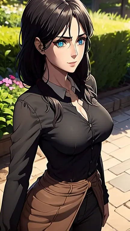 Long black hair,black colour suit and black shirt, perfect sized boobs, standing,blue colour eyes,ultra realistic detailed blue eyes, beautiful and perfect face, sunlight and garden background, beautiful smile