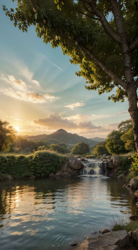 scenic peaceful landscape,biblical setting,peaceful atmosphere,golden sunlight,serene tranquility,tranquil lakes,rolling hills,majestic mountains,gentle breeze,bountiful greenery,sparkling waterfalls,vibrant flowers,sacred nature,serenity of creation,harmo...