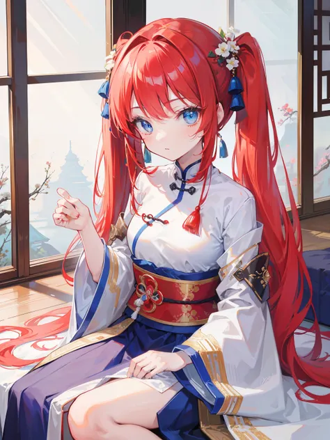 {{best quality}}, {{masterpiece}}, {{ultra-detailed}}, {illustration}, {detailed light}, red hair, blue eyes, twintails,solo,loli,Chinese style, ancient China,Hanfu