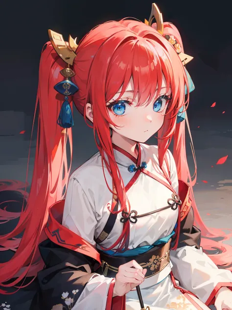 {{best quality}}, {{masterpiece}}, {{ultra-detailed}}, {illustration}, {detailed light}, red hair, blue eyes, twintails,solo,loli,Chinese style, ancient China,Hanfu