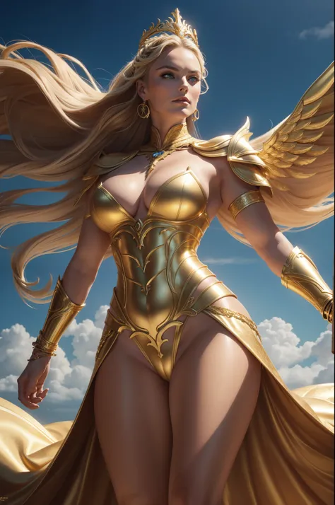 ( nuvens ) Lindsey Vonn as a MYTHOLOGICAL DIVA in a golden armor, floating into the sky, gold bracelets on the arms, coxas expostas, Face looking at the camera, athletic curvy body, Musculatura suavemente definida, perspectiva de corpo inteiro, Realismo 32...