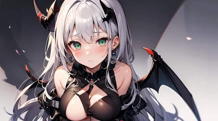 a demon queen, (demon horns, black hair, detailed hair, green eyes, beautiful eyes finely detailed), pixiv contest winner, serial art, top rated on pixiv, bat wings, big breast, side boobs, wearing black armored knight suit, her face is blushing, embarasse...