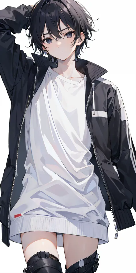 (masterpiece:1.2), best quality, 8K, HDR, solo, 1boy, a 20 yo male, black hair, male focus, black eyes, outdoors, sleeves rolled up, zipper, track jacket, (White background Solid white background:1.5)