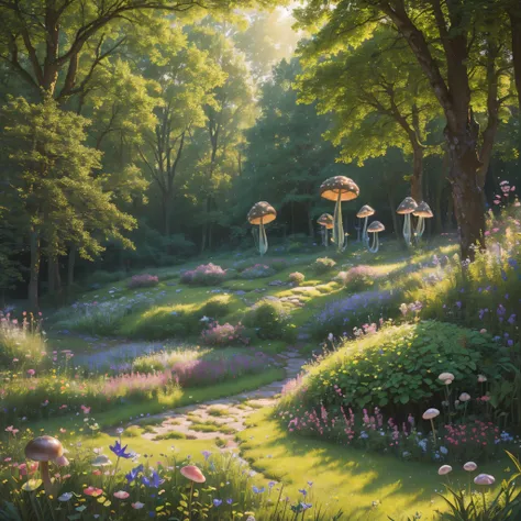 (best quality,4k,8k,highres,masterpiece:1.2),ultra-detailed,(realistic,photorealistic,photo-realistic:1.37),summery meadow,enchanting forest,tall whimsical mushrooms,Wonderland-themed forest,whimsical rabbit,enchanting butterflies,beautiful lush green gras...