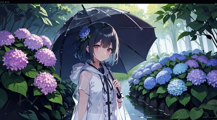 Girl in transparent raincoat，An umbrella，Short hair details，Stand in the bushes，hydrangeas，，rainy days，pretty  face，pixiv， Digital art on Pixiv， Pixiv style， Zero art， great light and shadows，Soft light and shadow，Cool atmosphere， Pixiv Contest Winner， In ...