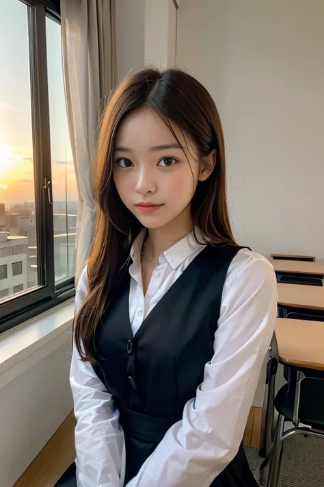 1 Girl Em、japanse、 (soio)、(chest shot up)、18year old、(Sitting on a school chair by the window)、Shes looking at it、Sunset hits、(ultra cute girl:1.5)、(A detailed face)、Textured Leather、Adult Face、Bare legged、Brown hair、(校服)、Junior High School、crass room、Scho...