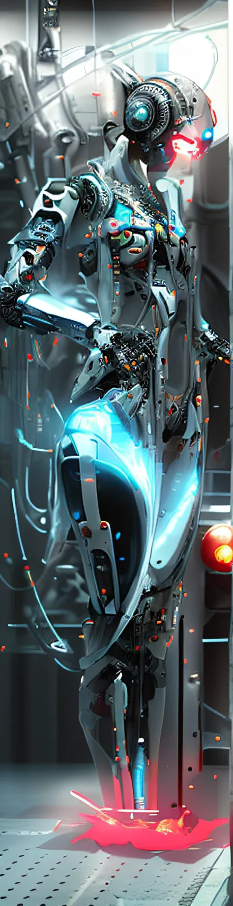 There is a large robot standing。Raise your hand and touch the glass in front of you。Standing on the side。Look down。 Biomechanical cyborgs, Science fiction biomechanics, intricate transhuman, detailed sci-fi art, Portrait of a cyberpunk machine, sci fi art ...