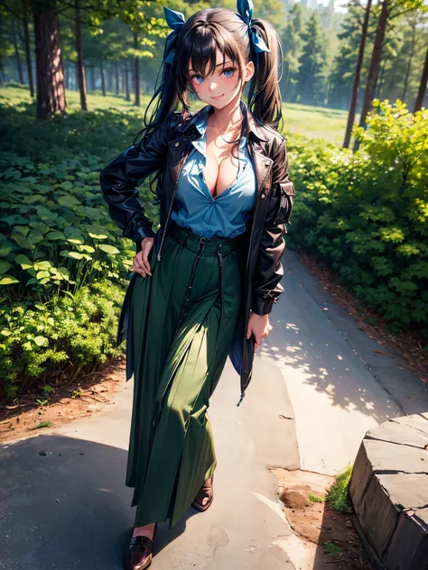 1girl, solo, ((full body)), forest, dark green hair, twintail, large breasts, ((blue button down shirt)), ((opened brown zipper jacket)), dark blue eyes, ((unbuttoned shirt)), ((long skirt)), smile, looking at the viewer, standing, hair ribbon, hand on hip