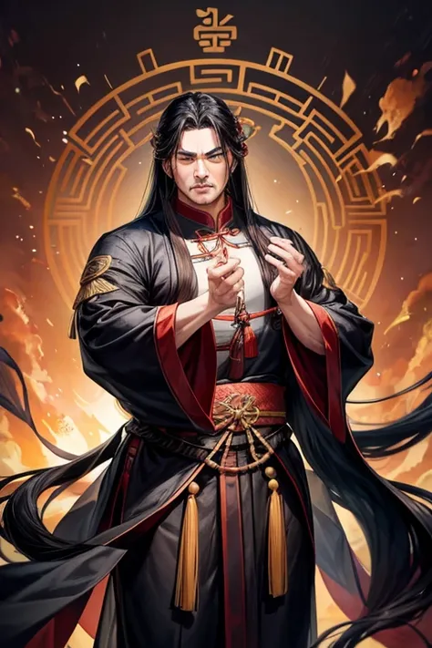 Long black hair, ancient Chinese clothing, middle-aged man, muscular, big man