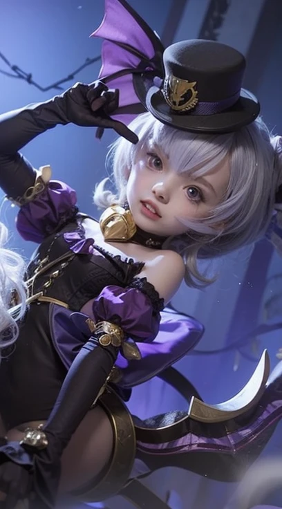 Cute little girl, vampire cloths, white hair, purple clothes