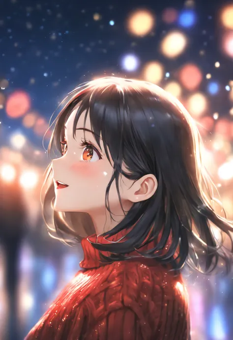 side face focus, eyes focus, cute, masterpiece, best quality, sharp focus, UHD, 1girl, Black hair, looking at the night sky, red sweater, beanie, turtleneck, sparkling eyes, happy expression, dreamy light, sparkle lights, side looking, upper body, night sc...