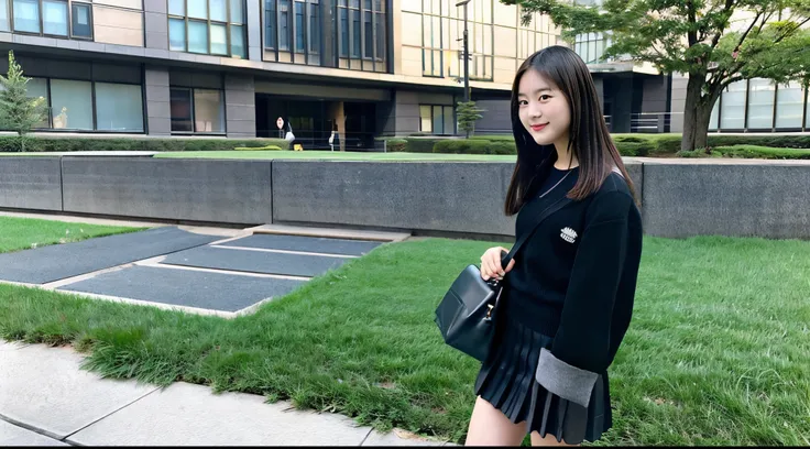 Cute female college student, 18 years old, wearing a black miniskirt