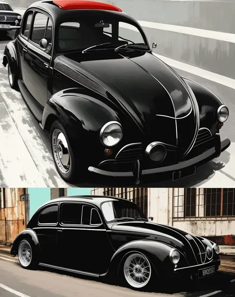 there are two photos of a black car with a red top, Inspirado no besouro, besouro, Corpo largo, pintura digital altamente detalhada, VectorArt detalhado, alto detalhe e alto contraste, carro preto, parece diferente, Mercedes e Volkswagen, arte vetorial alt...