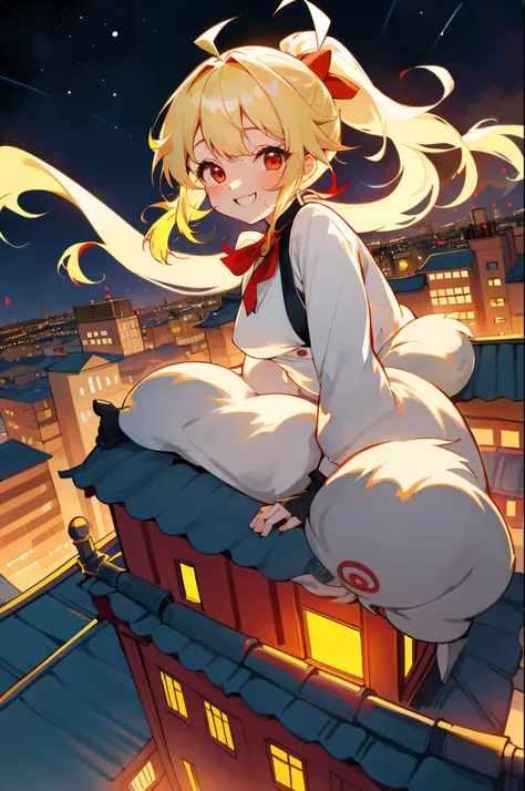 1girll、独奏、colourfull、Perfect face、Blonde ponytail、Ahoge、big round red eyes、small tits、a smile、Laugh、Building rooftop、Night view