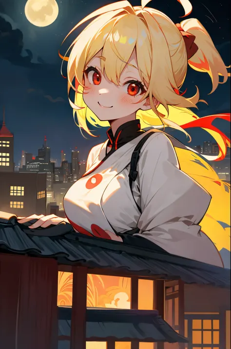 1girll、独奏、colourfull、Perfect face、Blonde ponytail、Ahoge、big round red eyes、small tits、a smile、Laugh、Building rooftop、Night view