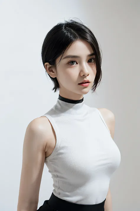 best quality, ultra high res, (photorealistic:1.4), (2girl, Duo, discord), (White Sleeveless Turtleneck Knit, Black tight skirt, (Black Choker:1.3):1.3), (Thin Head:1.3), (Super Detail Face, Beautiful Face, Big eyes, well-shaped nose with a narrow nasal st...