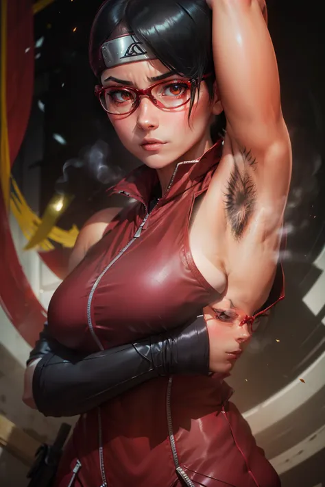 (highres,masterpiece:1.2),ultra-detailed,realistic,professional,beautiful detailed eyes,beautiful detailed lips,dark hair,short black hair,red glasses,stunning black eyes,clear skin,18-year-old girl,fashionable short hairstyle,vibrant red glasses,Shinobi A...