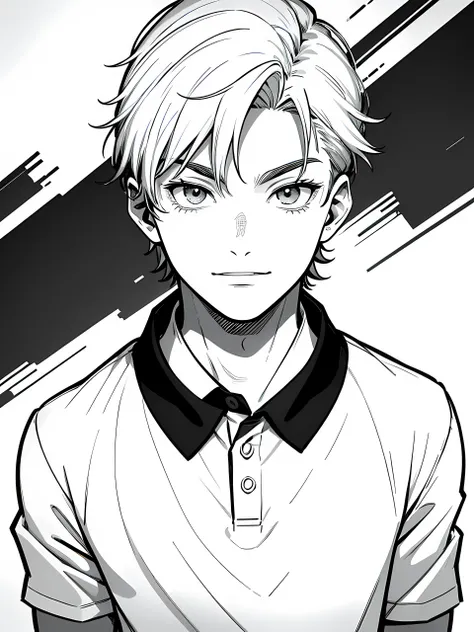 man, male, age 18, solo, face, close up, looking at the camera, body towards camera, facing camera, serious eyes, calming face, slightly smile mouth, speaking mouth, wearing polo, wearing ID sling, wearing lanyard, lineart, manga, manga art, comic, black a...