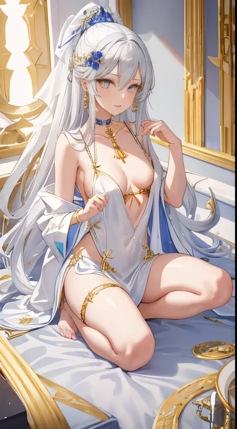 Long silver hair，Skyland Temple，Full body photo of the vista，（realisticlying：1.4），（tmasterpiece，forward lighting，Elaborate beautiful eyes：1.2），tmasterpiece*sportrait，realisticlying，3D 脸，glowing light eyes，shinny hair，Glossy glossy skin，独奏，embarressed，（haso...