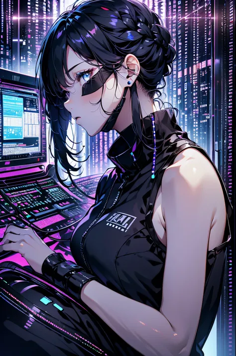 Very young girl, Black mask, White skin, code on computer, hacker style, Curve,sitting on、Seen from the side、deep purples, Dark, hair braid around ears, Dark blue hair, (((black masks)))、cables, Retro, Cyberpunk, data center background, dark purple theme, ...