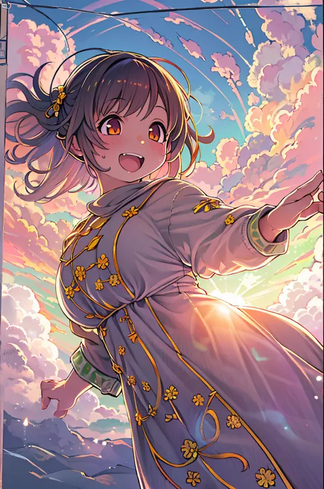 masutepiece, Best Quality, Movie Still, 1girl in, Cloud Girl, Floating in the sky, close-up, Bright, Happy, Warm and soft lighting, Sunset, (sparks:0.7)