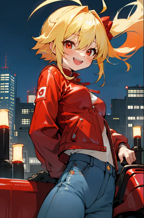 1girll、独奏、colourfull、upper body bromide、Blonde ponytail、Ahoge、big round red eyes、small tits、red leather rider jacket、Blue jeans pants、A smile、Laugh、Building rooftop、Night view