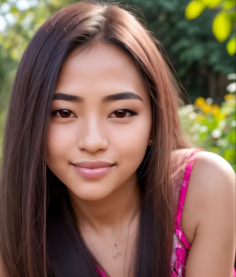 a girl with a dazzling smile, long flowing hair and expressive brown eyes, Wejdene, capturing the essence of beauty and confidence. She is dressed in a stylish outfit, exuding a trendy and fashionable vibe. The scene is set in a vibrant garden with colorfu...