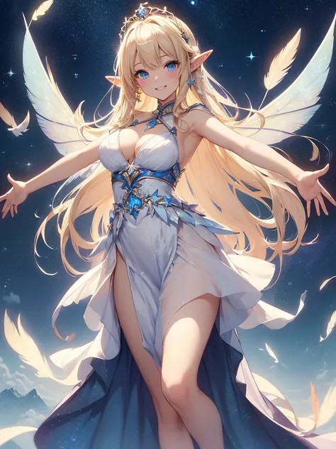 top-quality、Top image quality、​masterpiece、Full body naked girl((20yr old、Best Bust、big bast、Bust 90,Beautiful blue eyes、,Blonde long hair、A slender、Fairy feathers、flying though the air、sideways Facing、full body Esbian、Floating in the light、beautiful tiara...