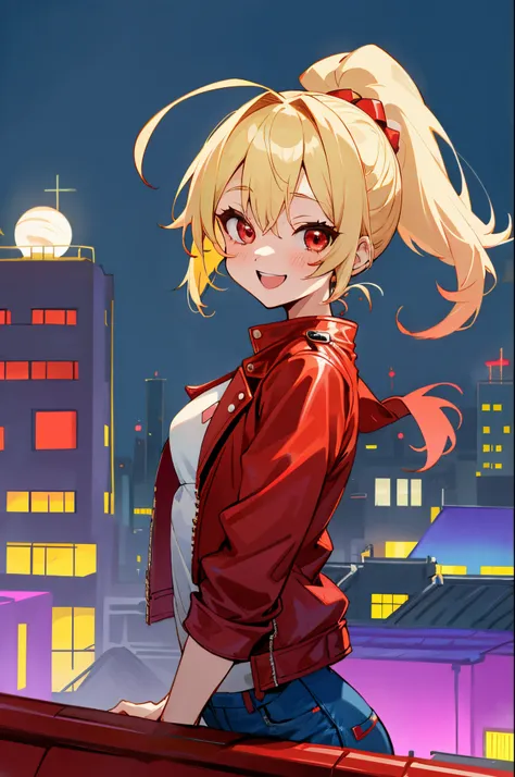 1girll、独奏、colourfull、upper body bromide、Blonde ponytail、Ahoge、big round red eyes、small tits、red leather rider jacket、Blue jeans pants、A smile、Laugh、Building rooftop、Night view