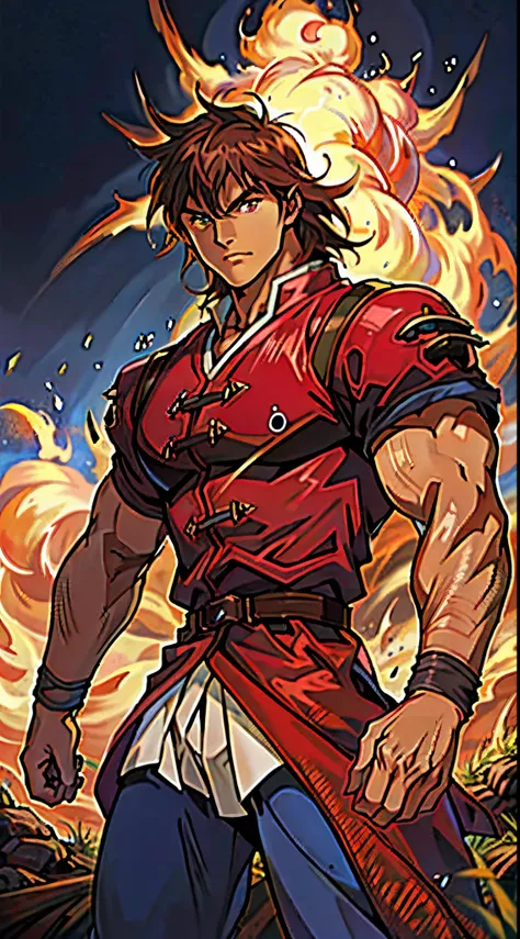 a young man, deep blue short hair, dense and voluminous spiky hairstyle, two long hair bangs, an arrogant demeanor, a fierce gaze, brown skin, simple solid-colored traditional Chinese clothing, a red belt, flowing hem, red wrist guards, coarse cloth trouse...