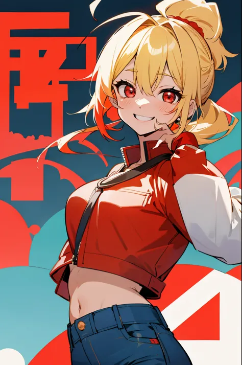 1girll、独奏、colourfull、upper body bromide、Blonde ponytail、Ahoge、big round red eyes、small tits、red leather rider jacket、Blue jeans pants、A smile、Laugh、Building rooftop、I can see the Japanese flag