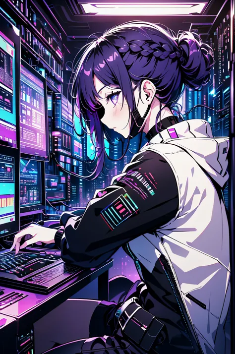 Very young girl, Black mask, White skin, code on computer, hacker style, Curve,sitting on、Seen from the side、Pale purple, Dark, hair braid around ears, Purple hair, (((black masks)))、cables, Retro, Cyberpunk, data center background, dark purple theme, nigh...