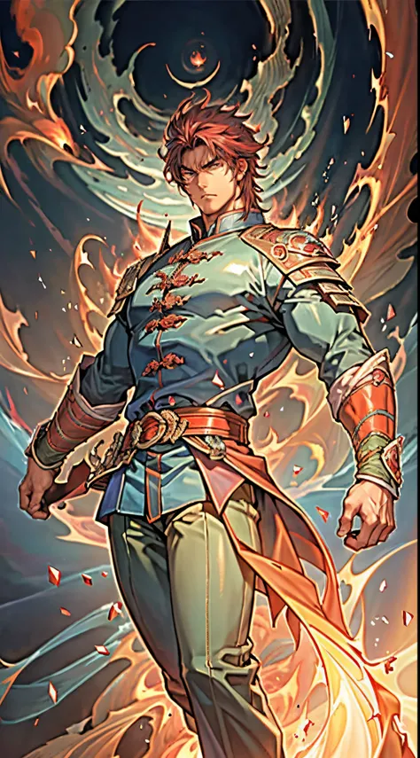 a young man, deep blue short hair, dense and voluminous hairstyle, two long hair bangs, an arrogant demeanor, a fierce gaze, brown skin, simple solid-colored traditional Chinese clothing, a red belt, flowing hem, red wrist guards, coarse cloth trousers, th...