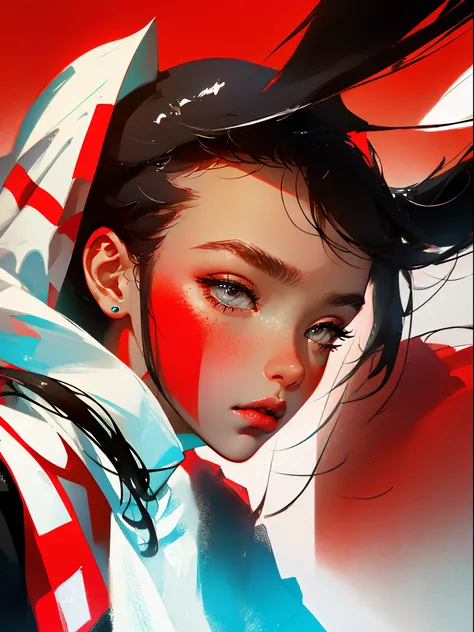 (Face close-up: 1.1), (side view: 1.3), avatar close-up, trendy, modern, red, black and white fluorescent, flat style, minimalism, graphic illustration, fashion magazine, Tsuruta Ichiro style