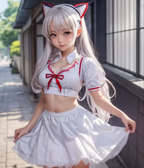 there is a woman in a white dress with a spider - man costume on, white skirt and barechest, cosplay of a catboy! maid! dress, wearing white skirt, dressed as schoolgirl, small curvy loli, cute schoolgirl, wearing skirt, touching her clothes, belly button ...