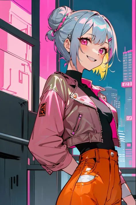 1girll、独奏、colourfull、upper body bromide、Short hair with silver bob styled in a bun with hair clip, Pink eyes、small tits、orange leather rider jacket、Blue jeans pants、A smile、Laugh、Building rooftop、You can see skyscrapers at night