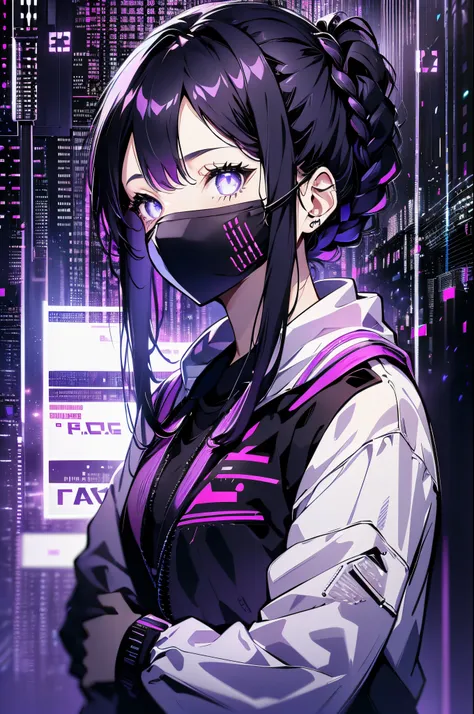 Very young girl, Black mask, White skin, code on computer, hacker style, dynamicposes、love purple, Dark, hair braid around ears, Purple hair, (((black masks)))、cables, Retro, Cyberpunk, data center background, white purple theme, nightcity、thigh maximum qu...