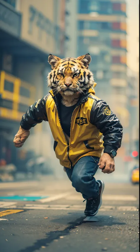 Angry Cartoon tiger with black and yellow jacket playing soccer in cyberpunk city street, dramatic effect, smoke effect, style raw, vintage color grading, Super 8mm lense, Extreme close-up, Deep Focus cinematography effect, high quality, ultra detail, 8k