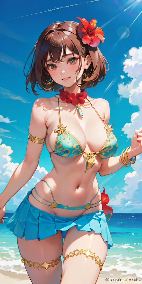 16 year old girl with a realistic smile、A little bigger chest、(Super close-up looking up from below、Smile.、Slightly thicker emphasis on the thighs、She is wearing a micro bikini with a floral pattern on her chest.......................、Emphasis on cleavage、...