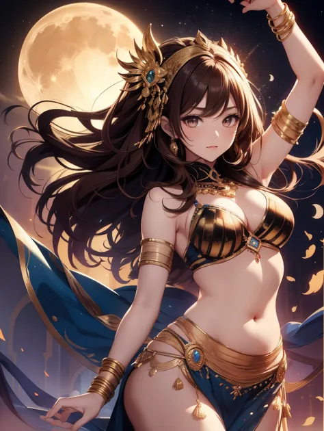 Best Quality, masutepiece, Beautuful Women、Beautiful face、Strong-minded woman、Dancers、(dancer、belly dancer:1.5)、brown haired、(Brown-eyed)、Longhaire、Undersized eyes、(((Arabian Night))、BREAK(Moon Night、A desert、Full body like)