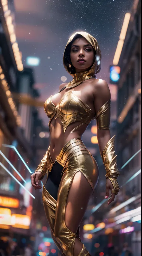 otherworldly powerful action low angle full length shot of a superheroine with stylish gold glitter armour and high boots and long platinum hijab and bright eyes ready to fly in a futuristic city in the style of Artgerm, stunning, floating hair, visible be...